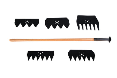 5 different rake heads with 1 single handle