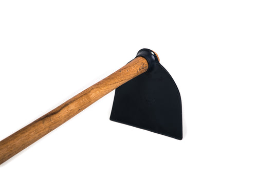 Forged steel hoe with oak handle