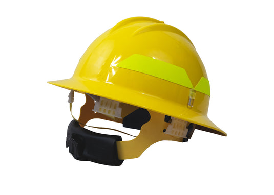 Yellow wide-brimmed protective helmet with Bullard brand chin strap and chin strap