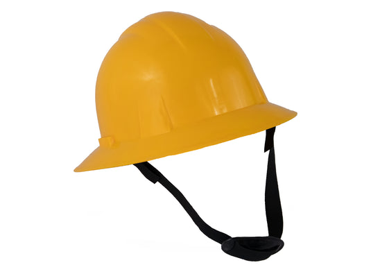 Yellow wide-brimmed protective helmet with chinstrap and chin strap