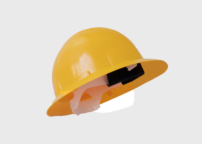Load image into Gallery viewer, Yellow wide-brimmed protective helmet with chinstrap
