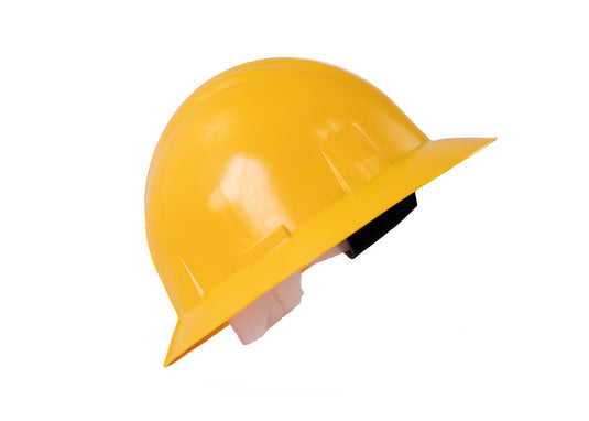 Yellow wide-brimmed protective helmet with chinstrap