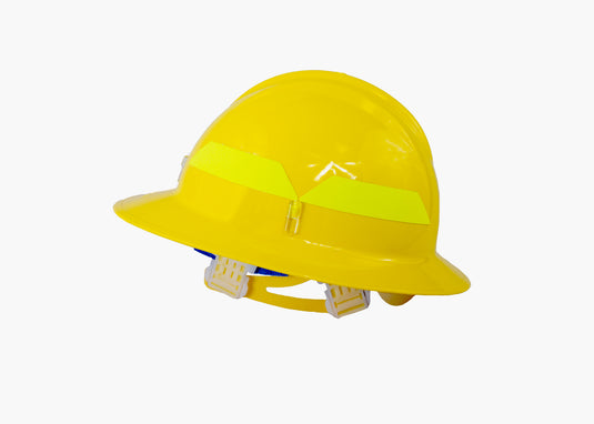 Yellow wide-brimmed protective helmet with Bullard brand chin strap and chin strap